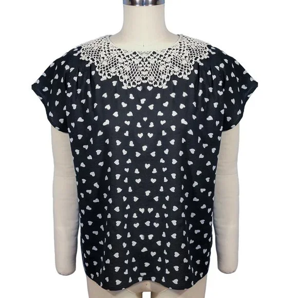 Ruth - Heart Print Cotton Blouse with Up-cycled Collar - Size Medium/Large